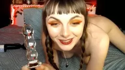 Little whore Holly with sexy pigtails banged a glass dildo